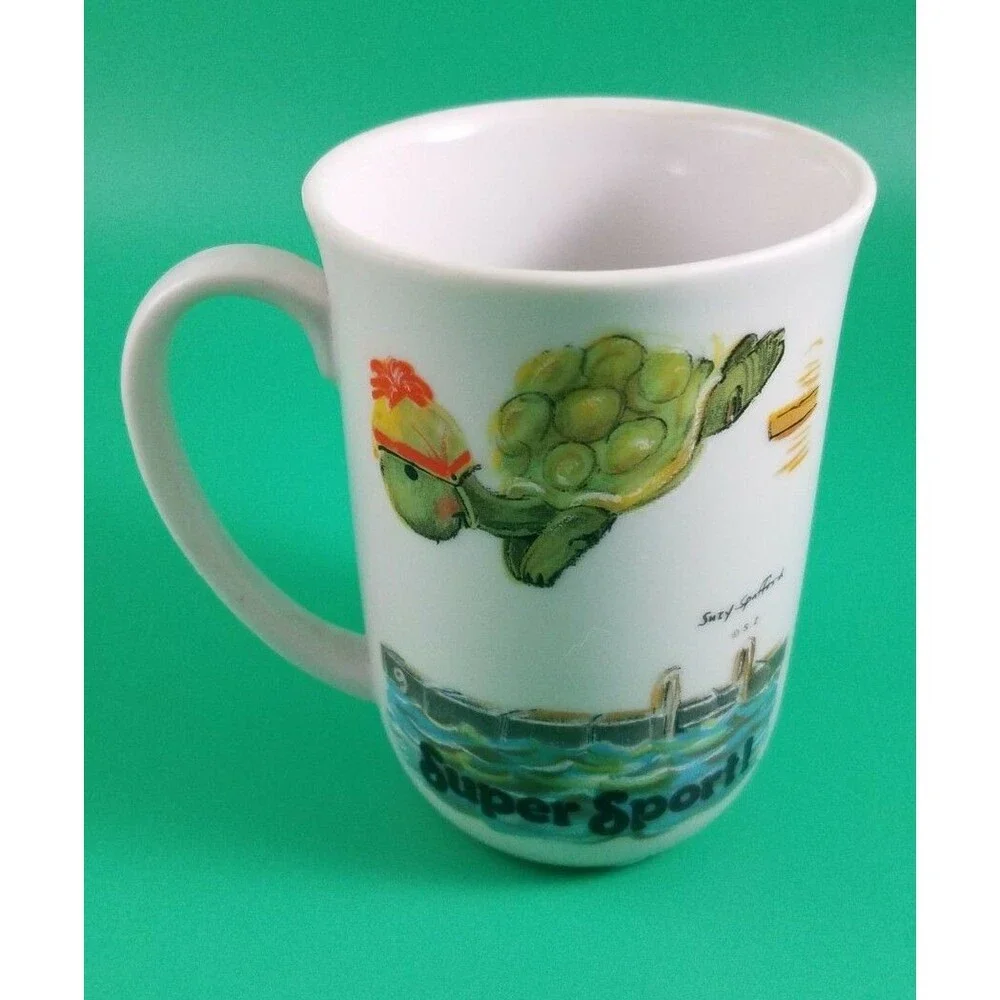 Vintage Suzy's Zoo Coffee Mugs 1976 Enesco 2x Super Sport Turtle and Mowing bear